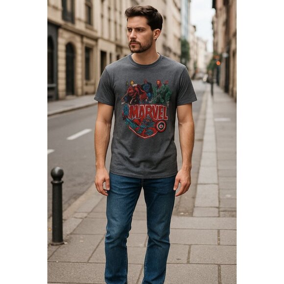 Marvel Comics Graphic Tee Shirt Gray Size M Superhero Avengers Retro Style Y2K - Picture 1 of 6